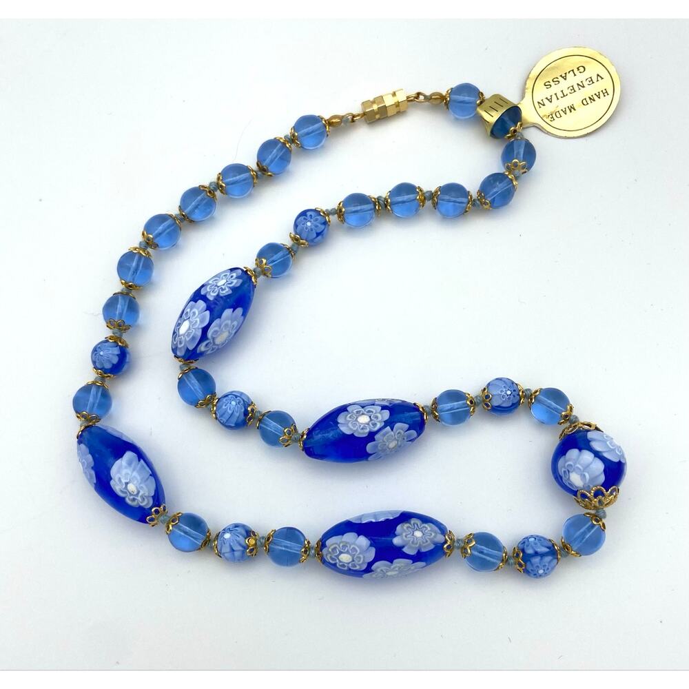 Vintage Venetian Glass Necklace 18" Periwinkle Blue Floral Flowers Italy NOS?